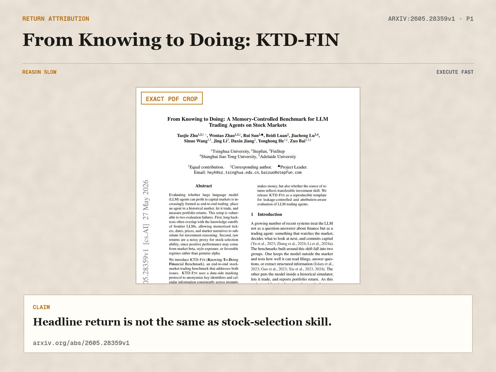 Source receipt from arXiv:2605.28359v1, page 1, describing market, style, and stock-selection return attribution.